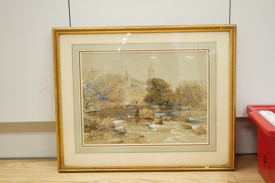 George Cattermole RWS (1800-1868), heightened watercolour, ‘Dunblane Abbey’, unsigned, inscription and Manchester Whitworth Institute Exhibition 1912 label verso, 29 x 39cm, gilt framed. Condition - fair